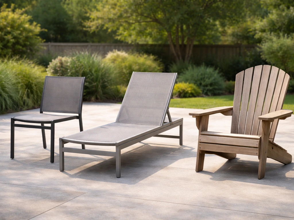 Three common patio chair types side-by-side: dining, lounge/chaise, and Adirondack-style in a simple outdoor setting.