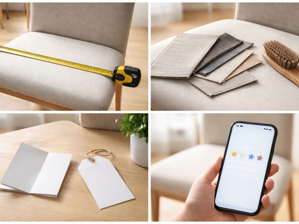 Minimal collage on a desk showing a tape measure, chair materials, blank warranty card, and blurred ratings.