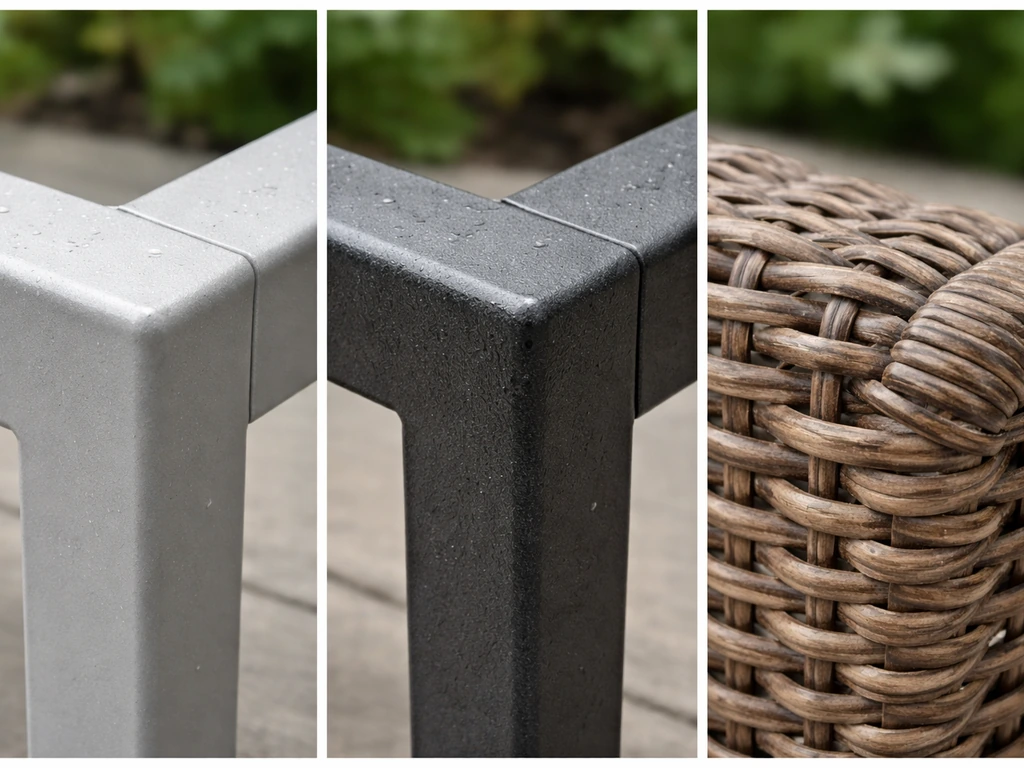 Closeups of powder-coated aluminum, steel, and outdoor wicker showing weathered finishes and joints.