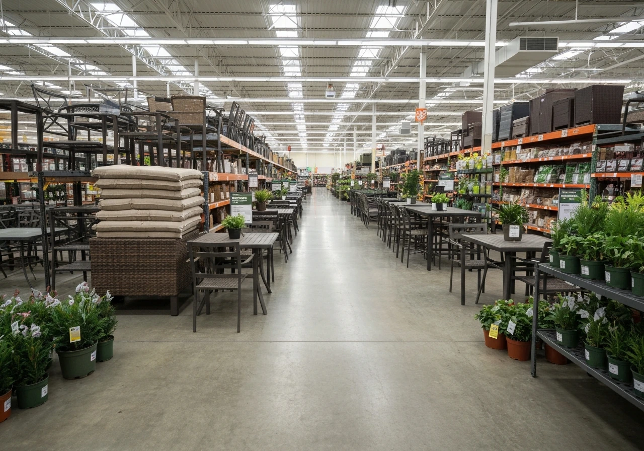 Wide view inside a home improvement store showing a seasonal patio furniture display in the garden center.