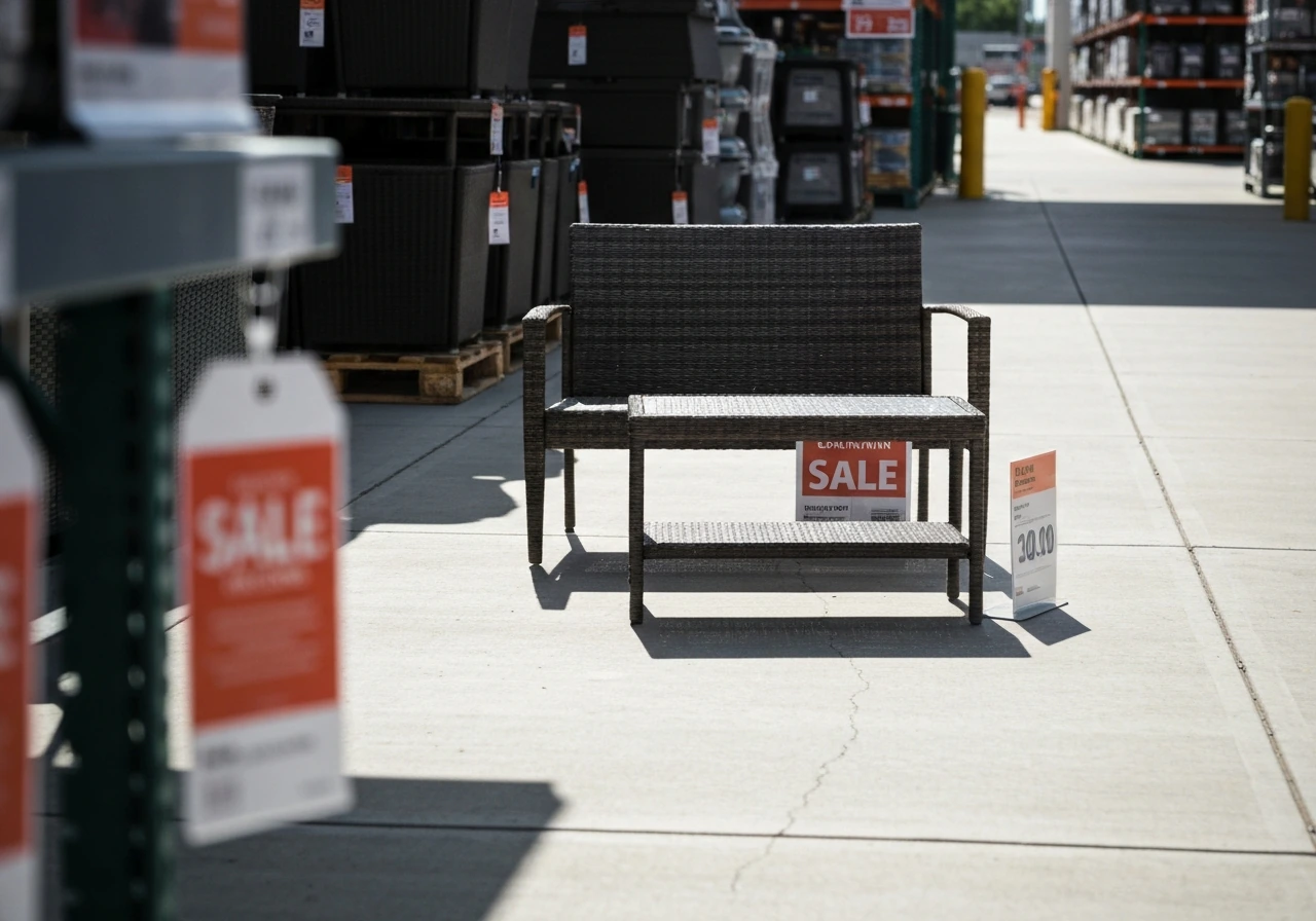 Outdoor patio furniture display with discounted signs and price tags in a store patio section.