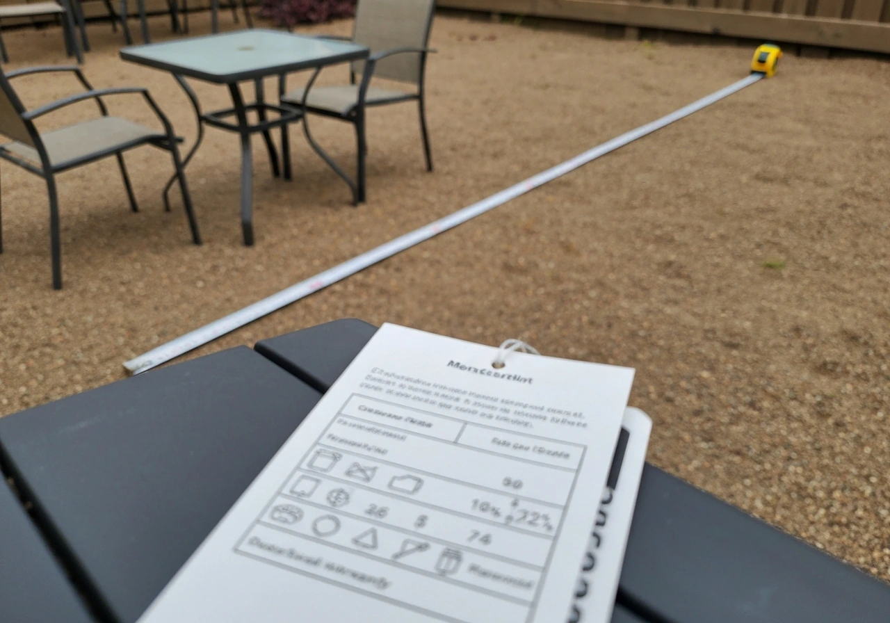 Measuring tape laid over a patio layout with a close-up product spec tag for patio furniture.