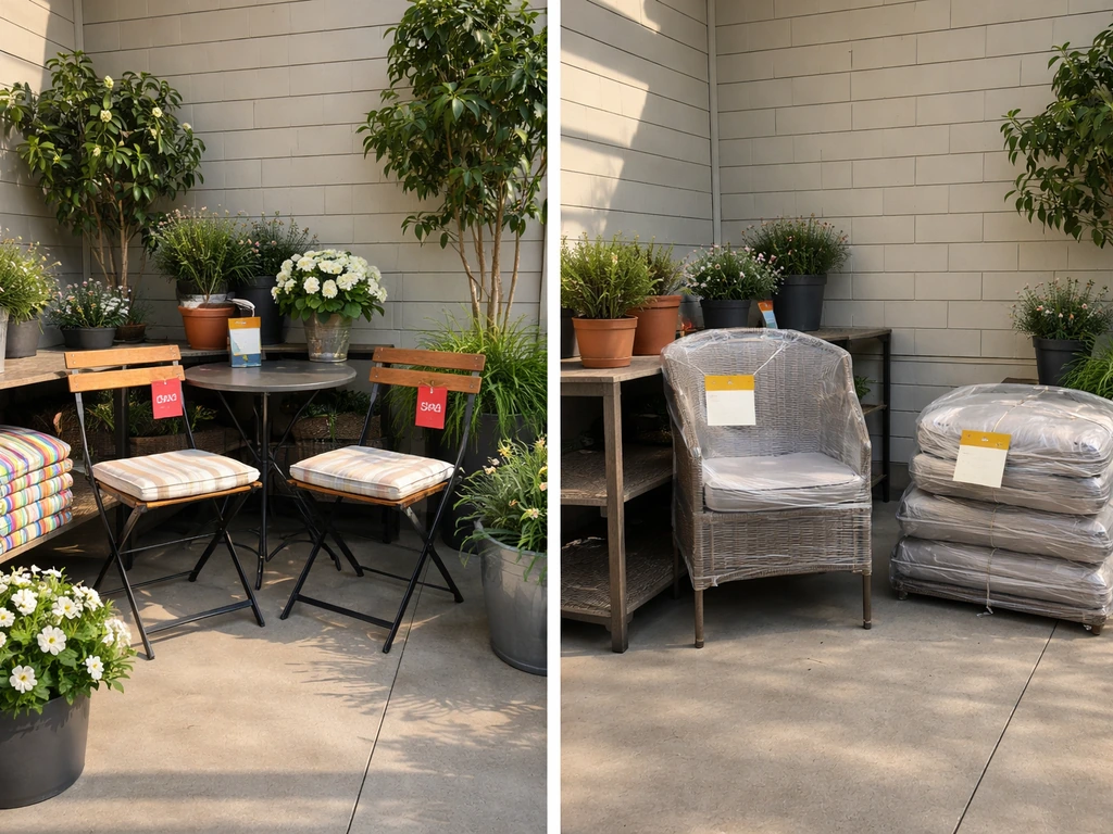 Split photo: spring patio sale with a few sale tags vs end-of-season clearance with fewer items and empty space.