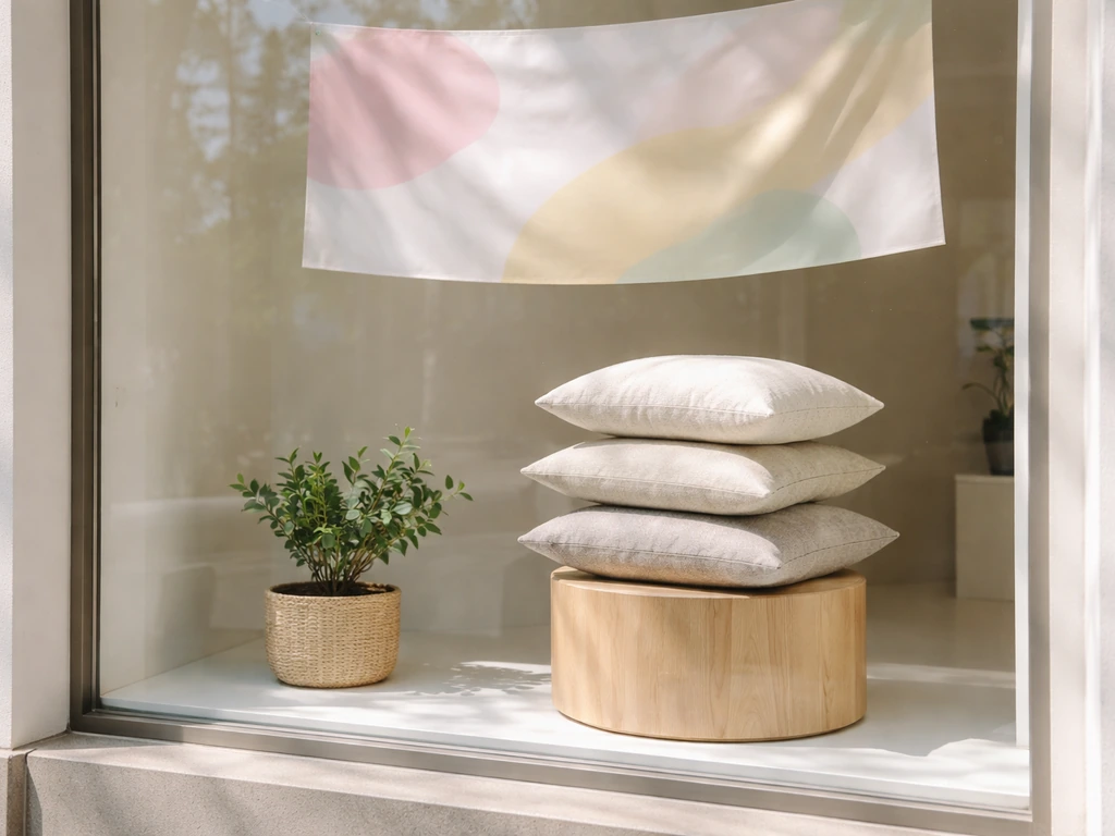 Wayfair-style spring flash sale display with discounted home decor in a bright showroom window.