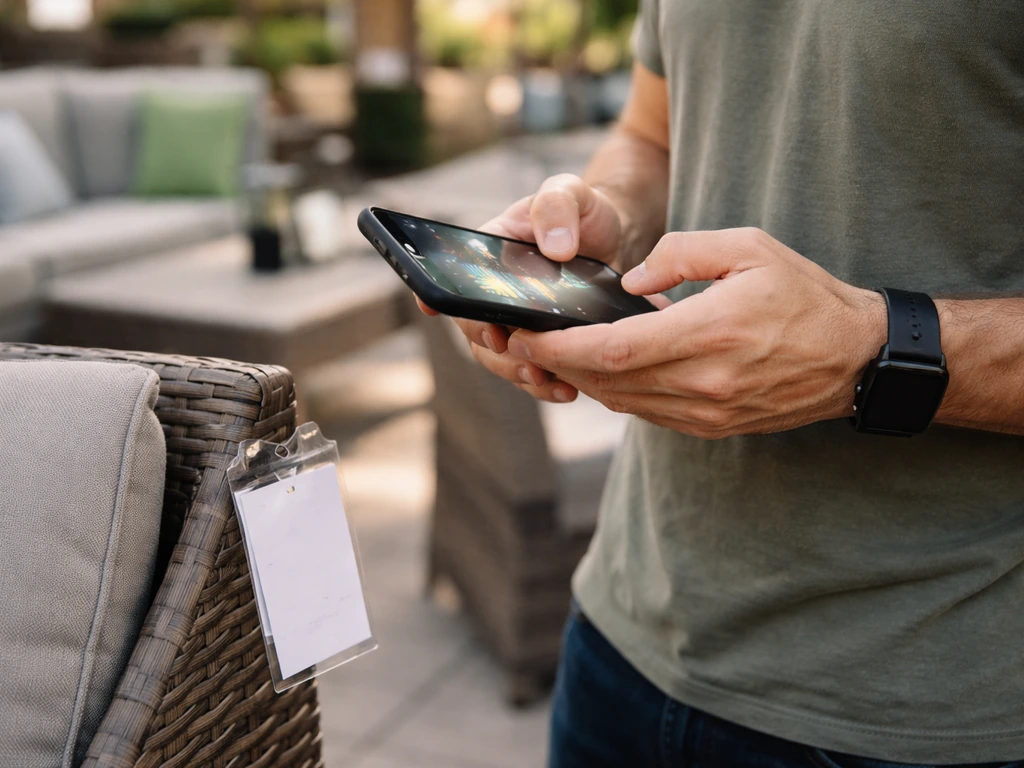 Shopper checks a patio set price tag while using a phone for price-history style tracking.