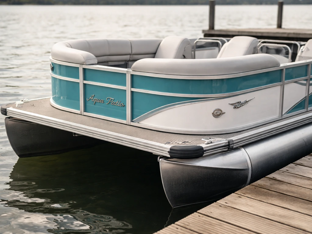 Aqua Patio pontoon boat at a dock with hull branding and maker-verification details visible.
