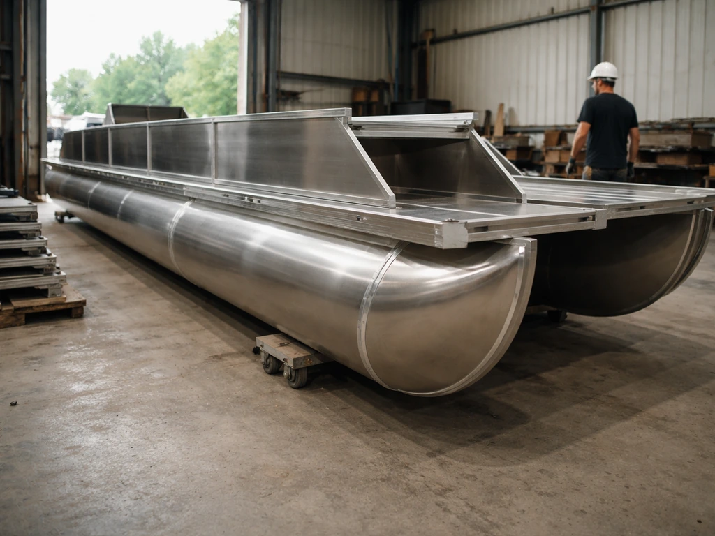 Close-up of a pontoon boat hull and builder workshop setting representing Aqua Patio made by Godfrey Marine.