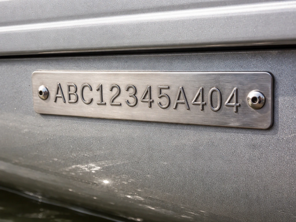 Close-up of a pontoon boat HIN plate with the 12-digit code and manufacturer code highlighted by formatting