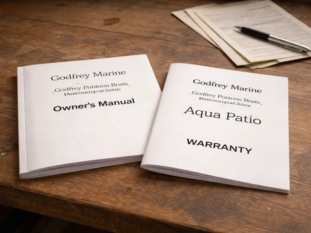 Close-up of open boat owner’s manual and warranty booklet on a wooden table with Godfrey and Aqua Patio references.