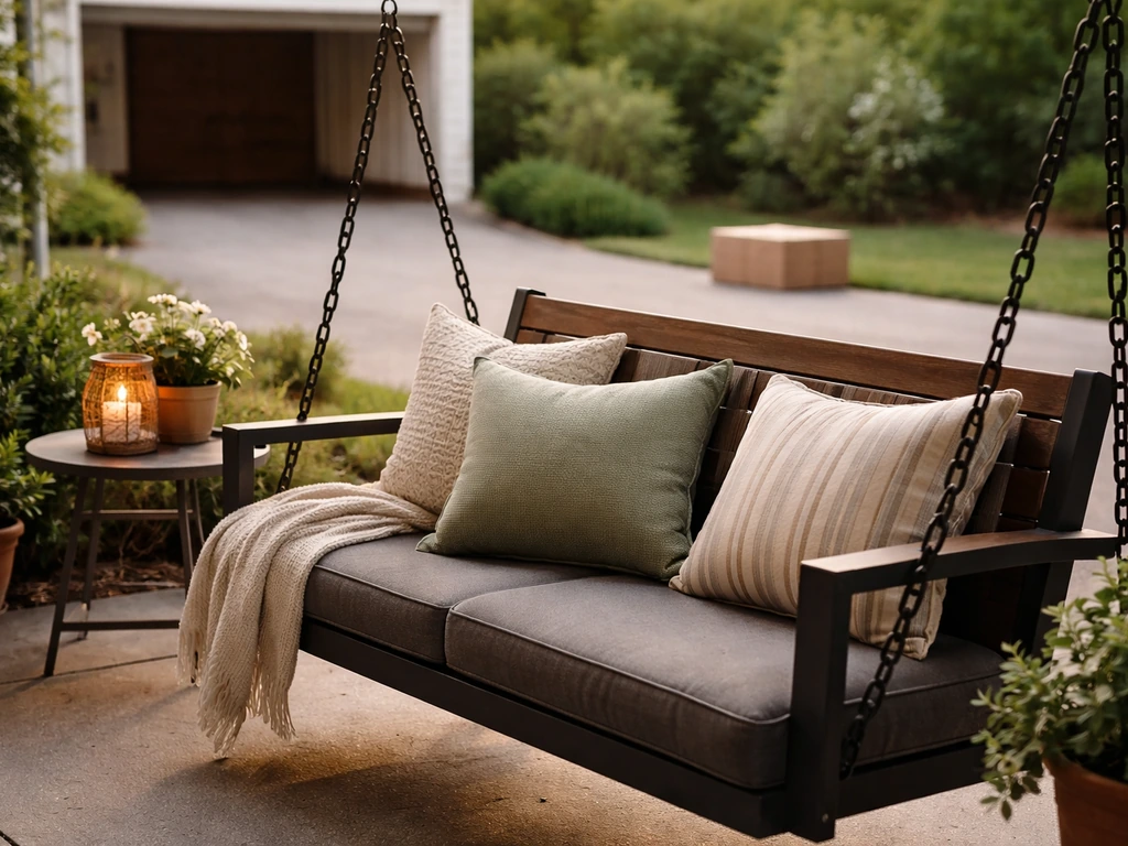 Patio swing on a home patio with a single staged pickup box near the driveway.