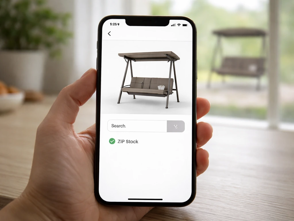 Smartphone showing a generic retail inventory check screen with an in-stock status for a patio swing.