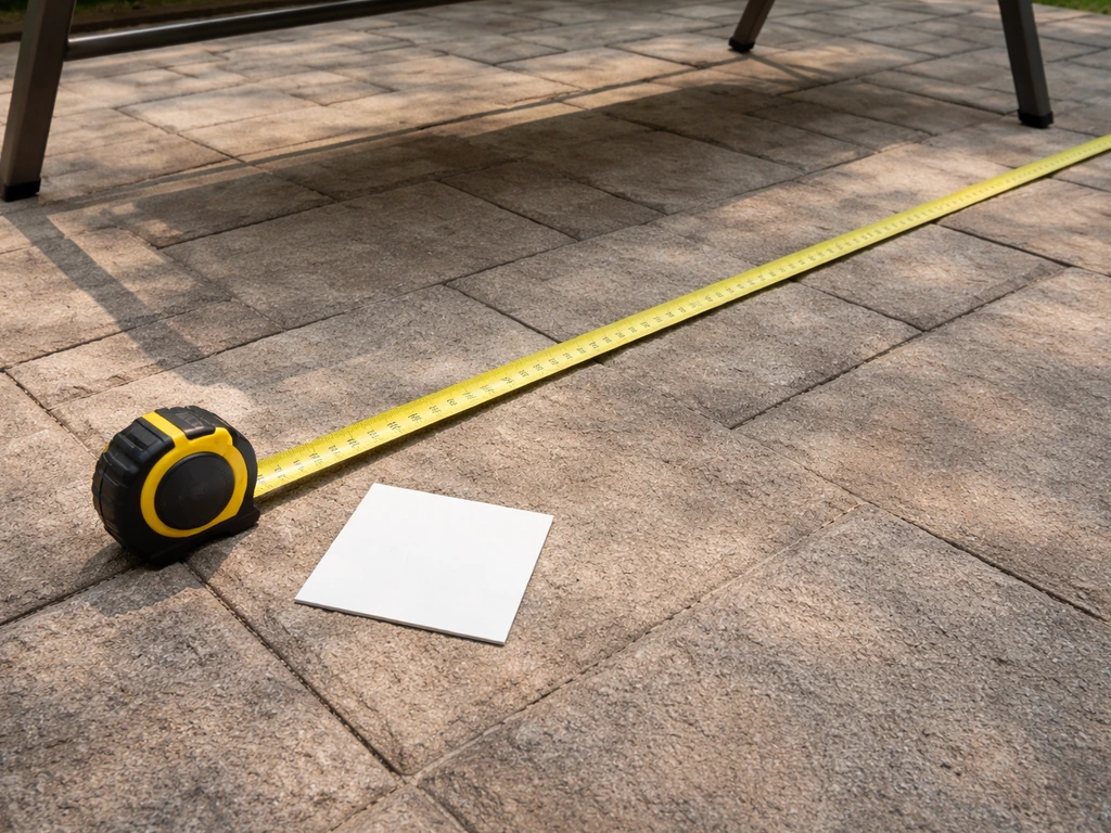 Tape measure laid on a patio surface to gauge the footprint of a patio swing seat width.