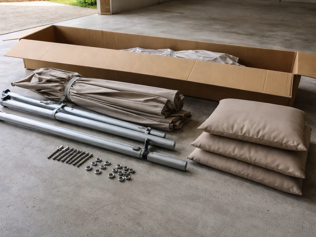 Open-box patio umbrella contents laid out on a garage floor: frame, canopy, cushions, and hardware.