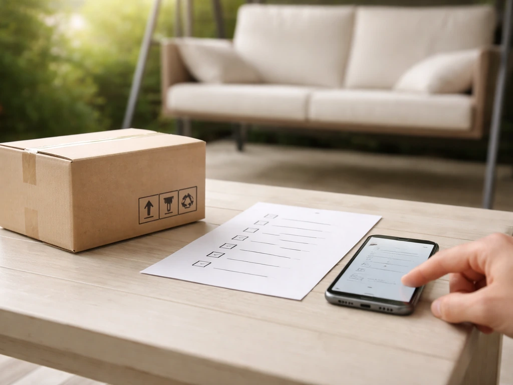 Hand and phone beside a printed checklist next to a patio delivery box.