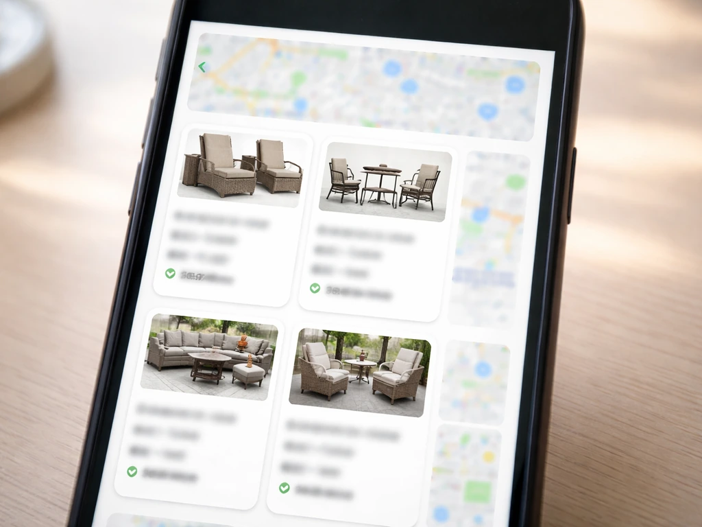 Smartphone screenshot-style view of Google Local Inventory Ads with patio furniture listings for nearby stores.