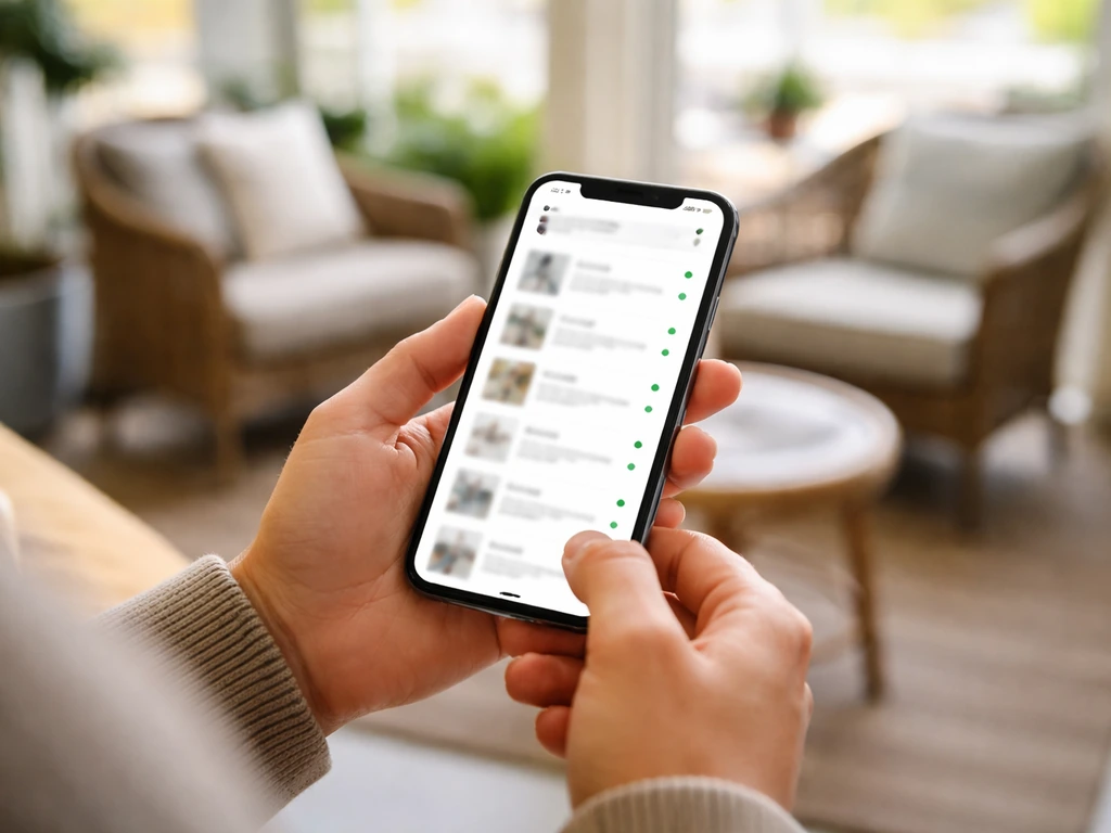Person using a phone in a patio furniture store while checking inventory before shopping