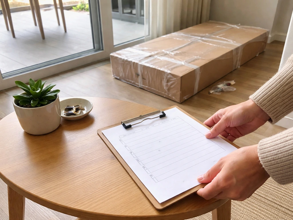 Hand placing a patio furniture delivery checklist beside a closed sliding door, minimal room setup