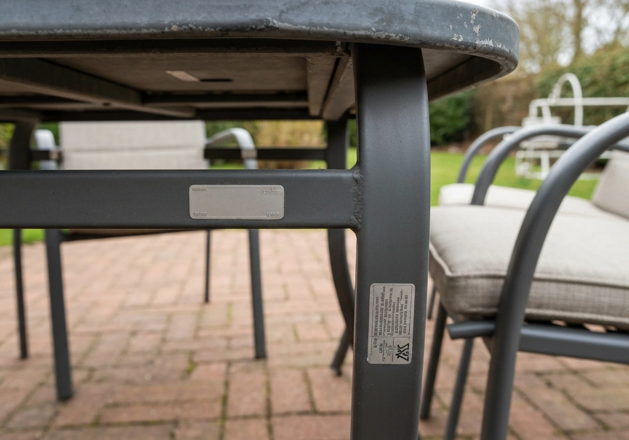 Close-up of an outdoor patio table and chairs with a small manufacturer label area in sharp focus.