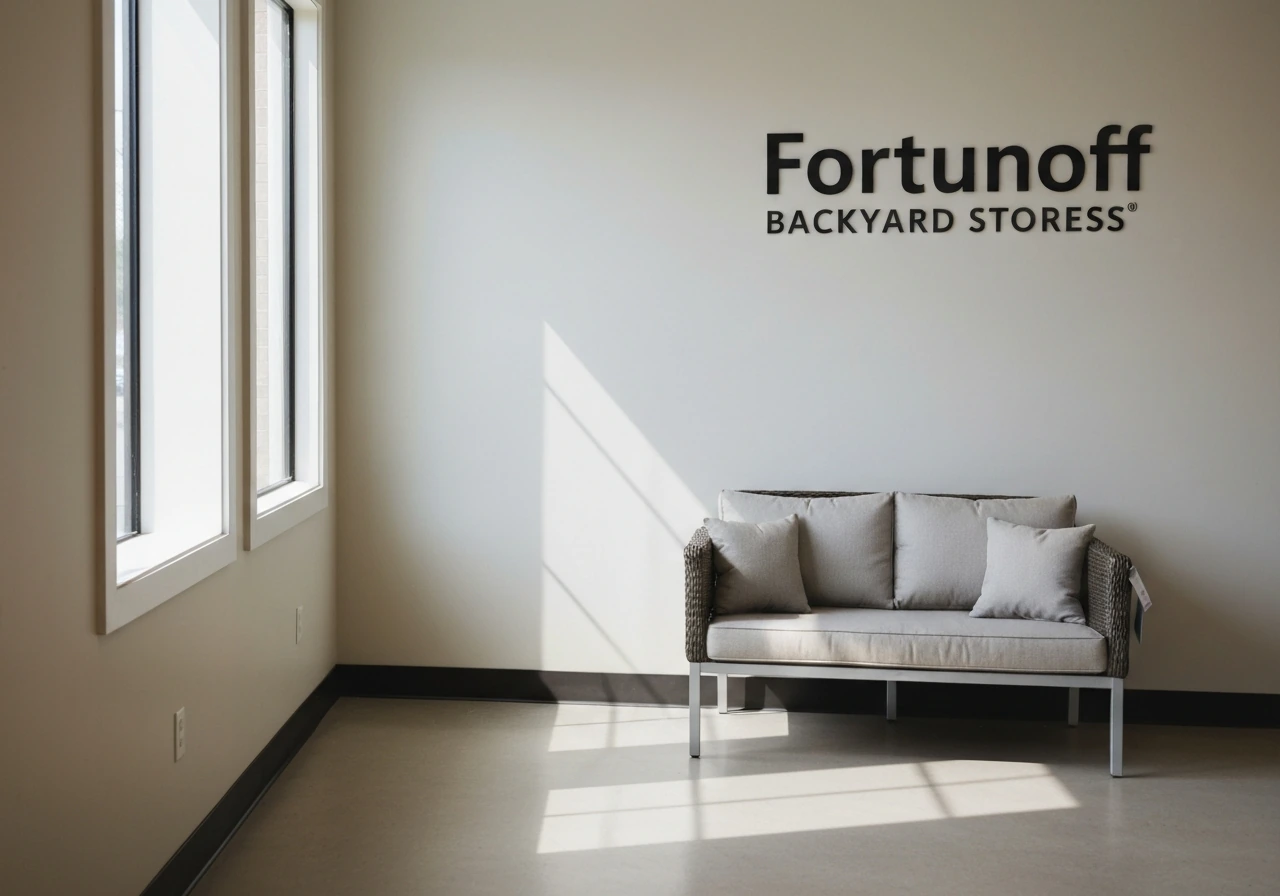 Patio furniture display with Fortunoff Backyard Stores signage in a quiet showroom corner.