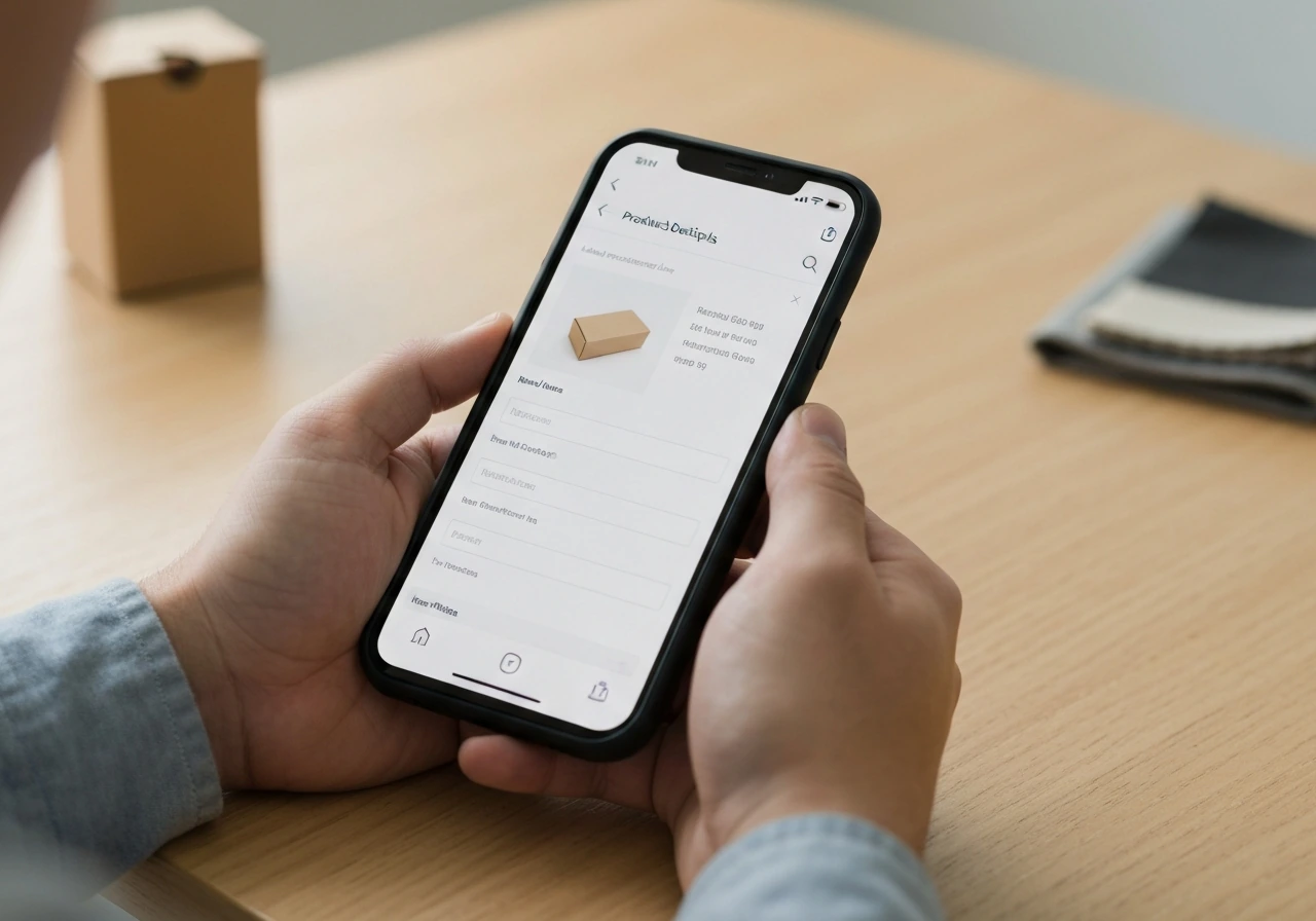 Person using a smartphone to inspect product details with brand/manufacturer fields in a simple shopping app view.