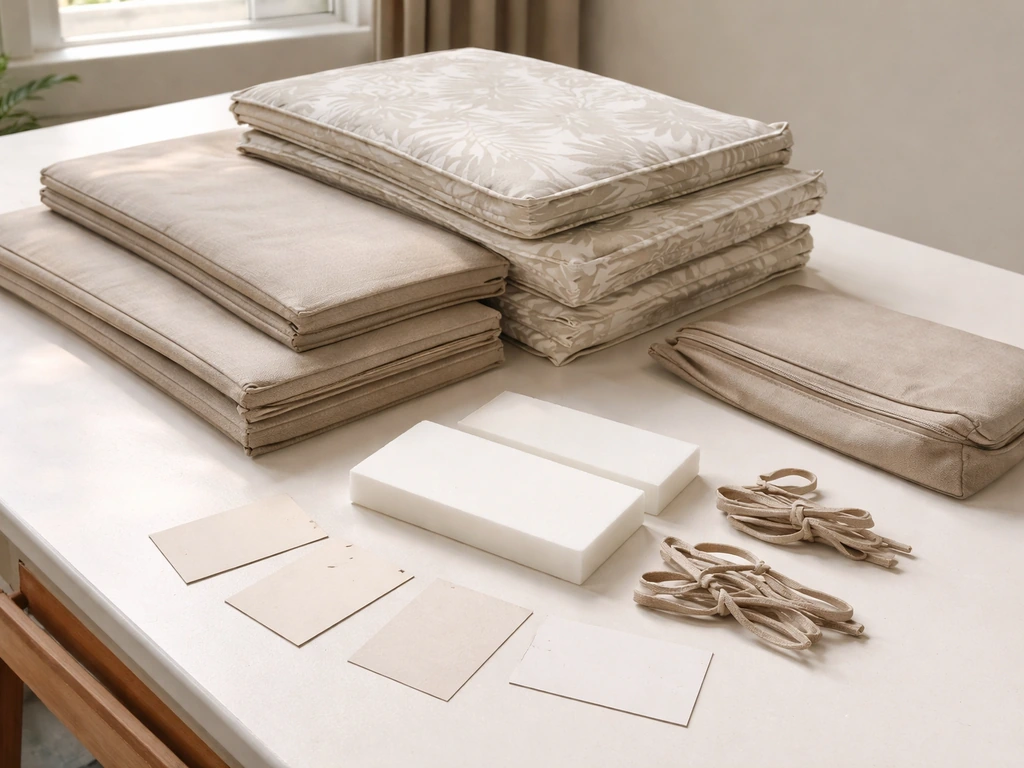Cushion parts and fabric swatches laid out neatly with generic tags and model-number cards on a worktable.