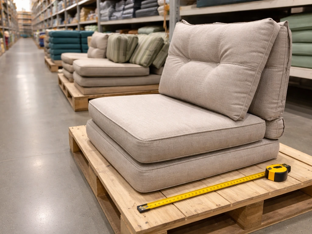 Outdoor patio cushion sets on a store endcap with a measuring tape for size comparison.