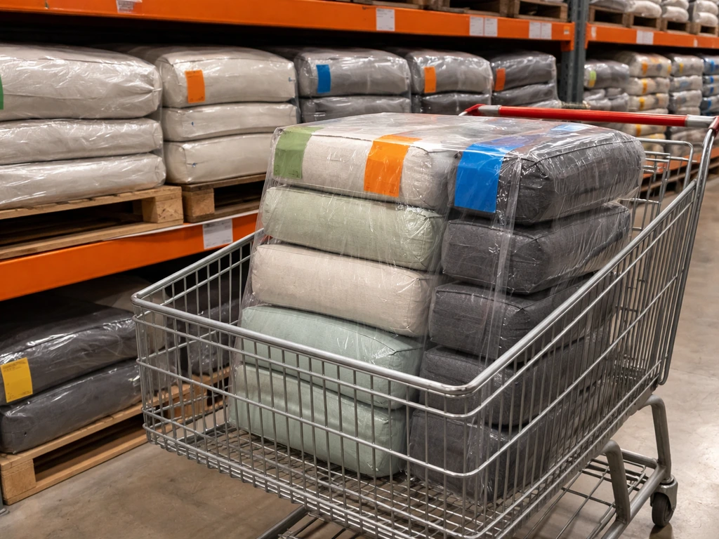 Warehouse aisle with a shopping cart holding packaged outdoor patio cushions organized by weather resistance.