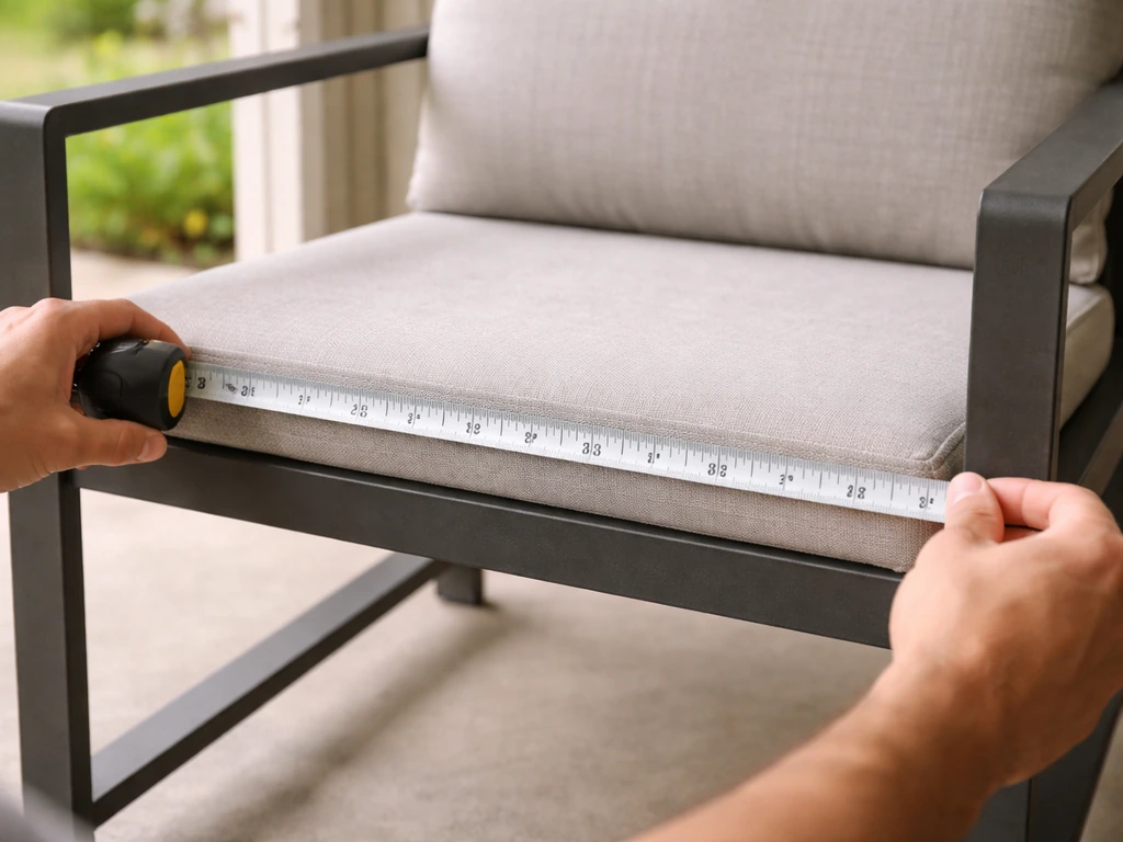 Hands using a tape measure to measure a patio chair seat opening at home