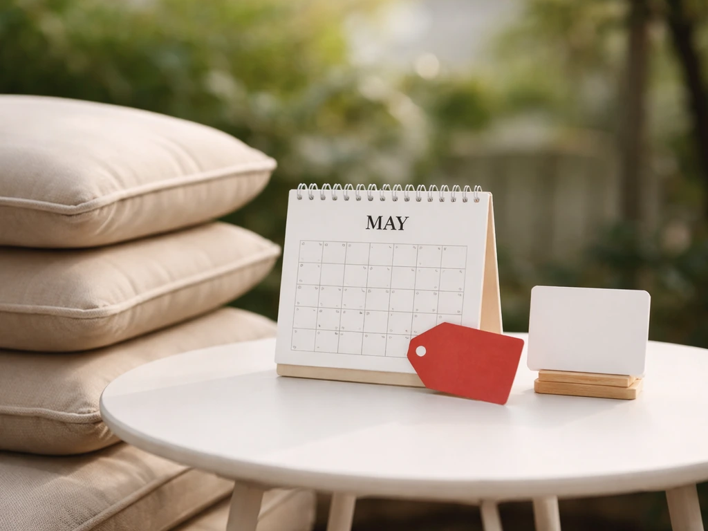 Outdoor patio cushions beside a calendar with a markdown clearance tag in early summer