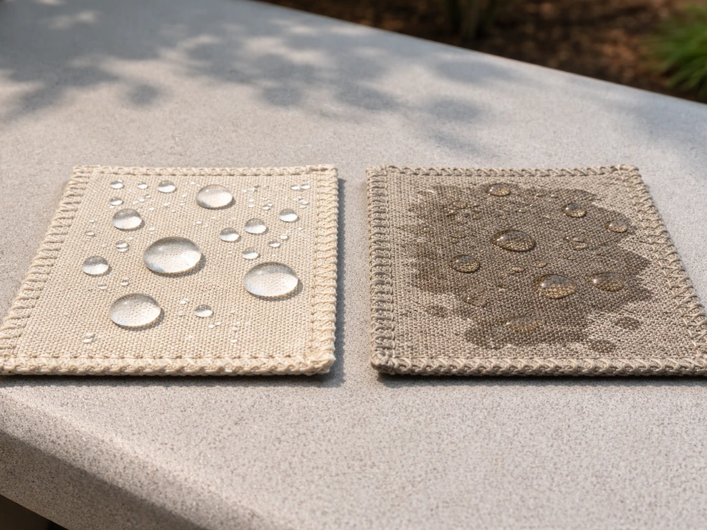 Two outdoor fabric swatches showing water beading on one and soaking on the other, close-up.