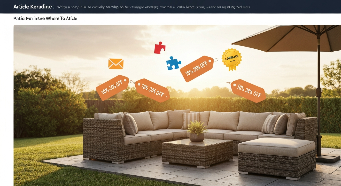 Backyard patio set with floating coupon tags and icons for email, browser extension, and cashback.