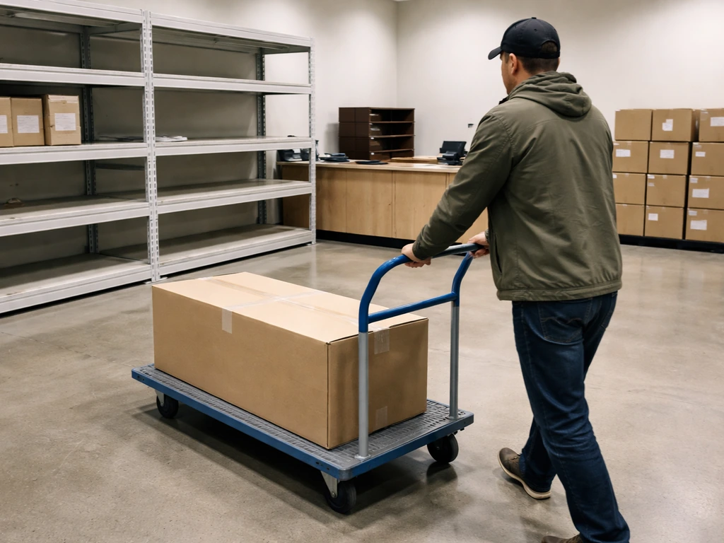 Anonymous shopper with a boxed patio set on a cart in a big-box store pickup area