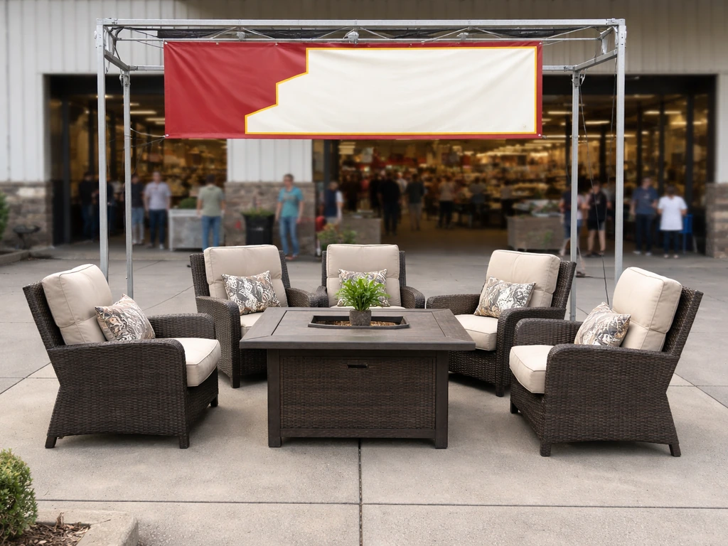 Warehouse patio set on display outside a store with hanging promo signs, shoppers blurred in background.