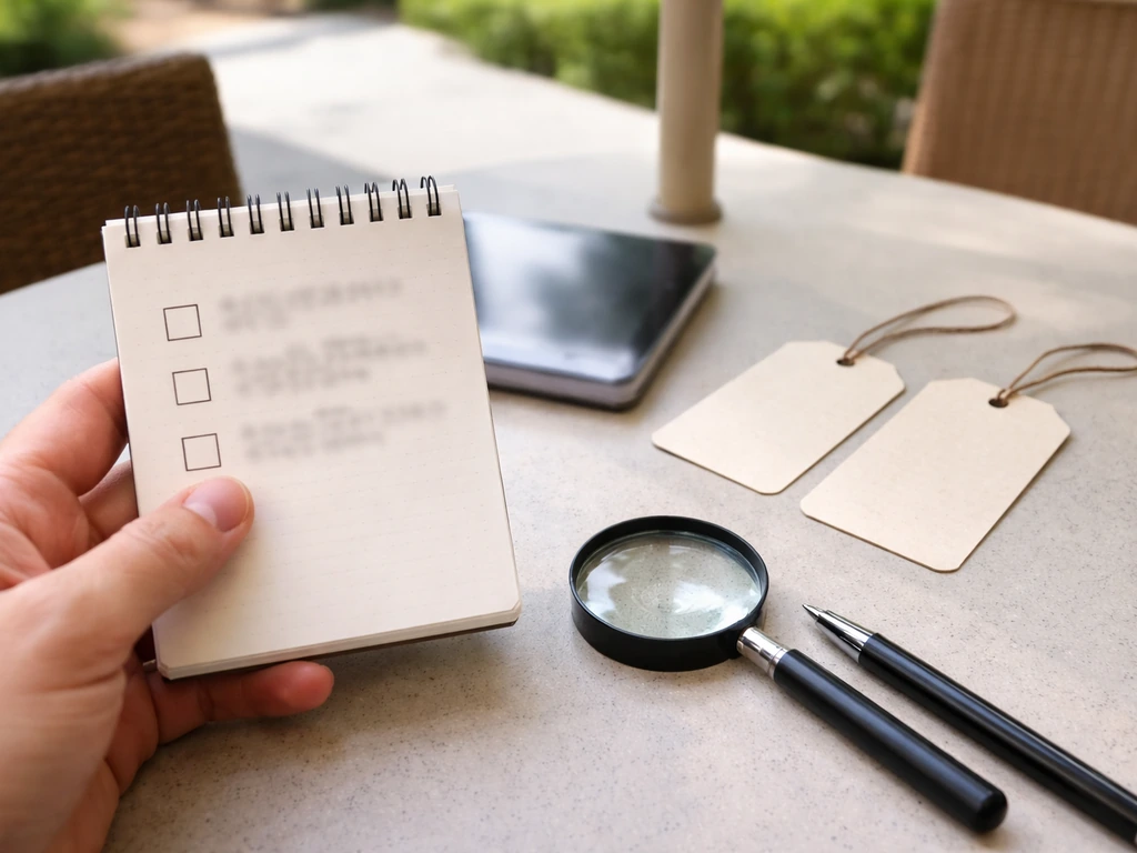 Minimal tabletop scene with a notepad, blank checkboxes, price tags, and magnifying glass for deal validation.