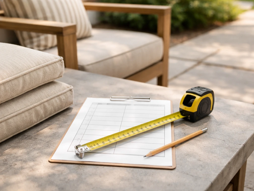 Outdoor patio cushions and frames with a measuring tape beside a blank checklist page and clearance markers.