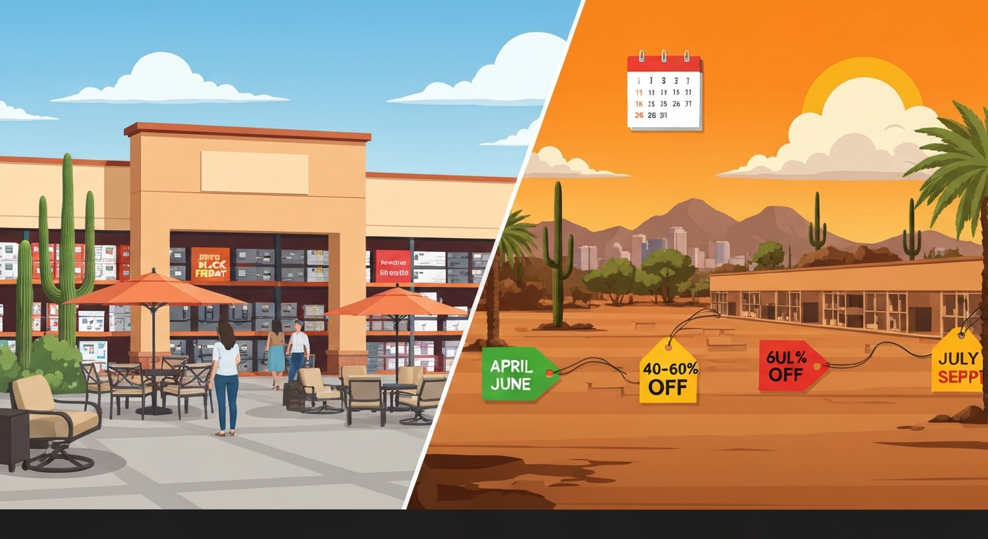 Illustration of an Arizona patio shopping scene split between spring inventory and late-summer clearance, with desert skyline and a calendar overlay highlighting best months to buy.