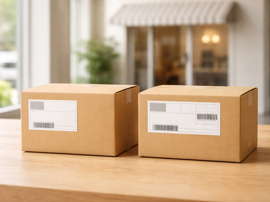 Minimal tabletop scene showing two delivery boxes labeled as generic direct and authorized retail channels