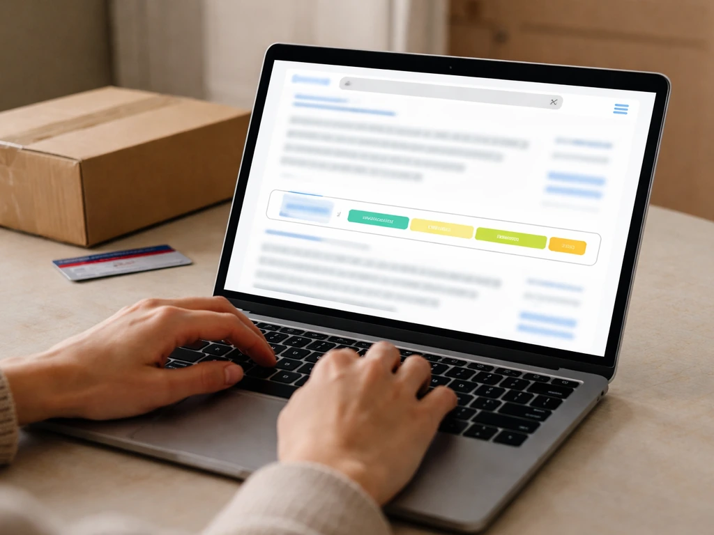 Hands searching on a laptop screen for an item, with abstract availability status showing online-only vs in-store.