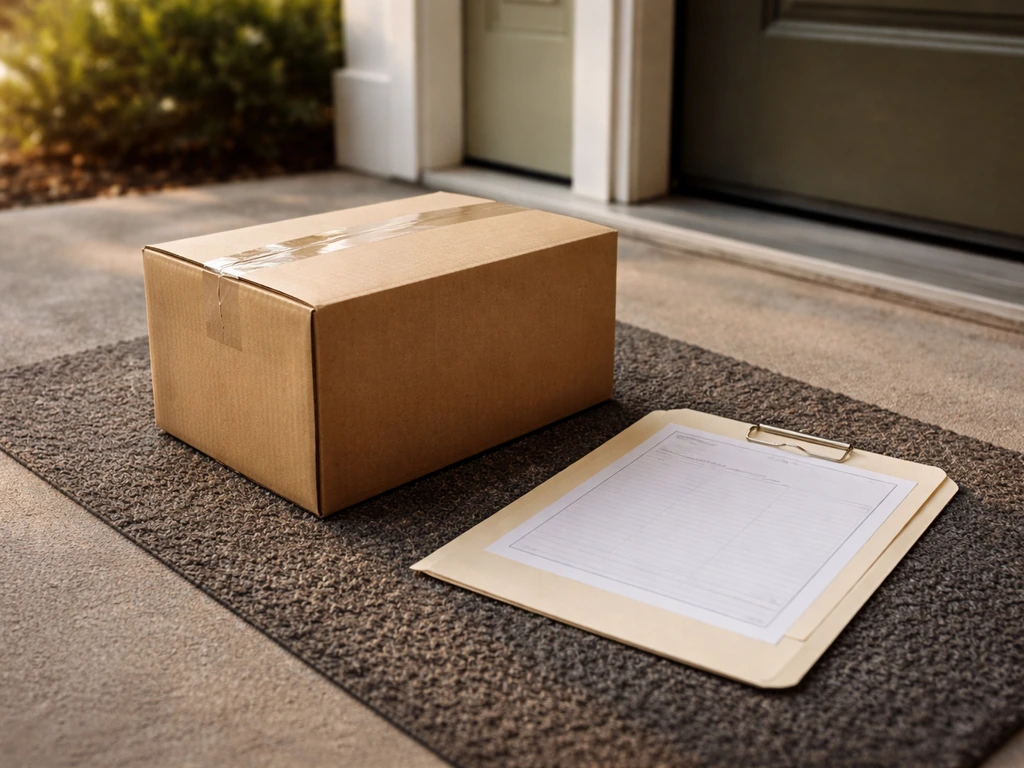 Minimal photo of a delivery box on a doorstep beside a shopping receipt folder, representing buying options