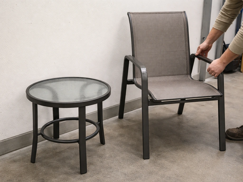 Clean metal patio chair and small table staged at a thrift store donation area for resale check.