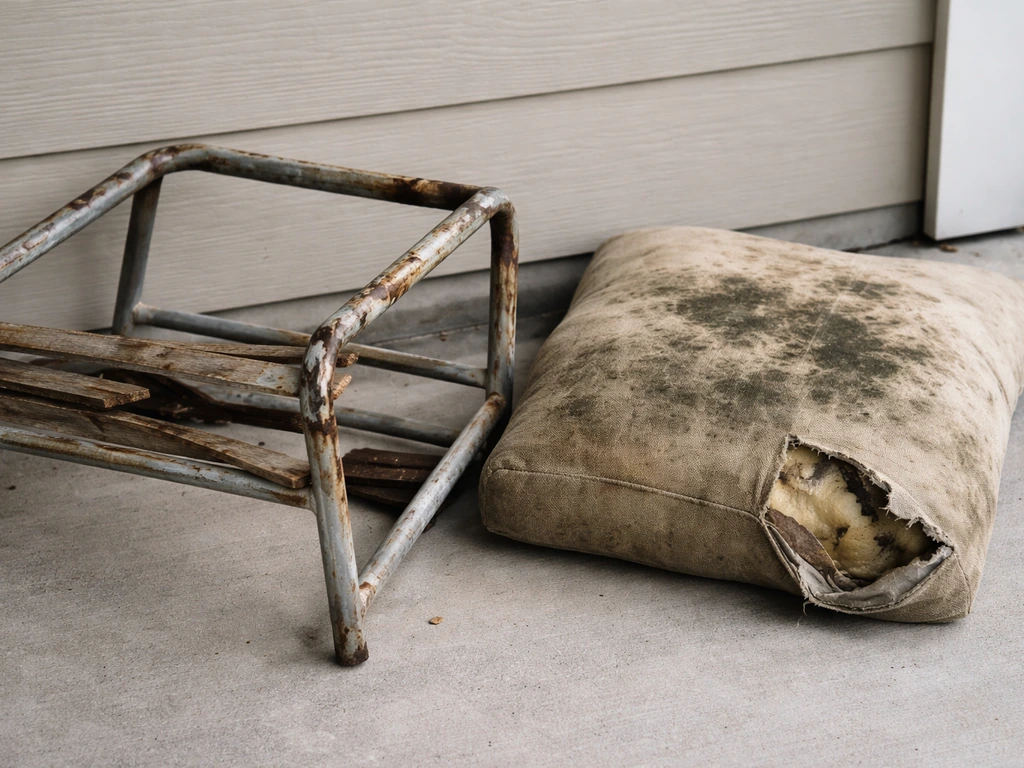 Close-up of discarded furniture with rusted metal frame and torn, mildewed cushions on a porch floor
