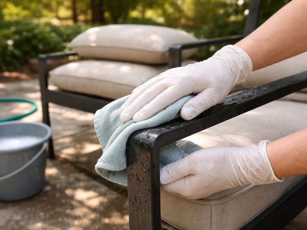 Gloved hands wiping a patio chair metal frame with a damp cloth; cushions removed nearby to dry.