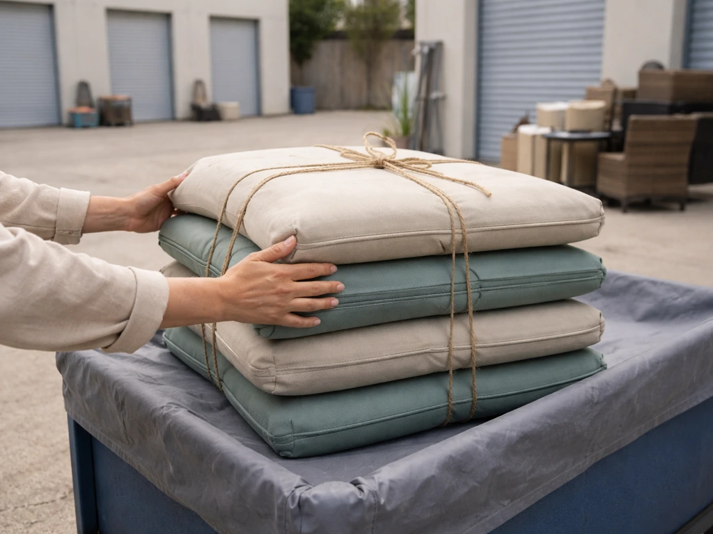 Anonymous hands loading patio cushions onto a donation cart at a ReStore-like warehouse loading area.