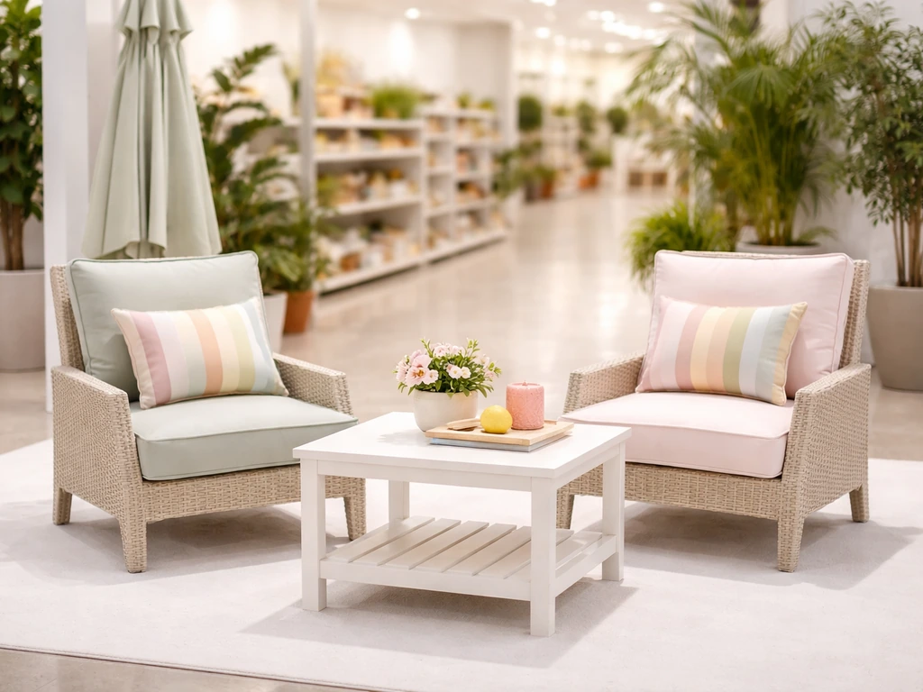 Bright spring patio furniture display with cushioned chairs and a small table on a showroom floor.