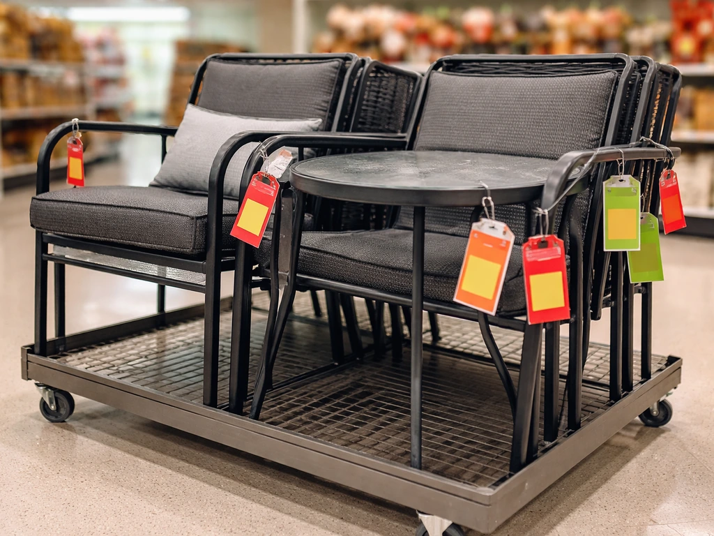 Close-up of end-of-season patio furniture on clearance shelves with rolling price-markdown style tags