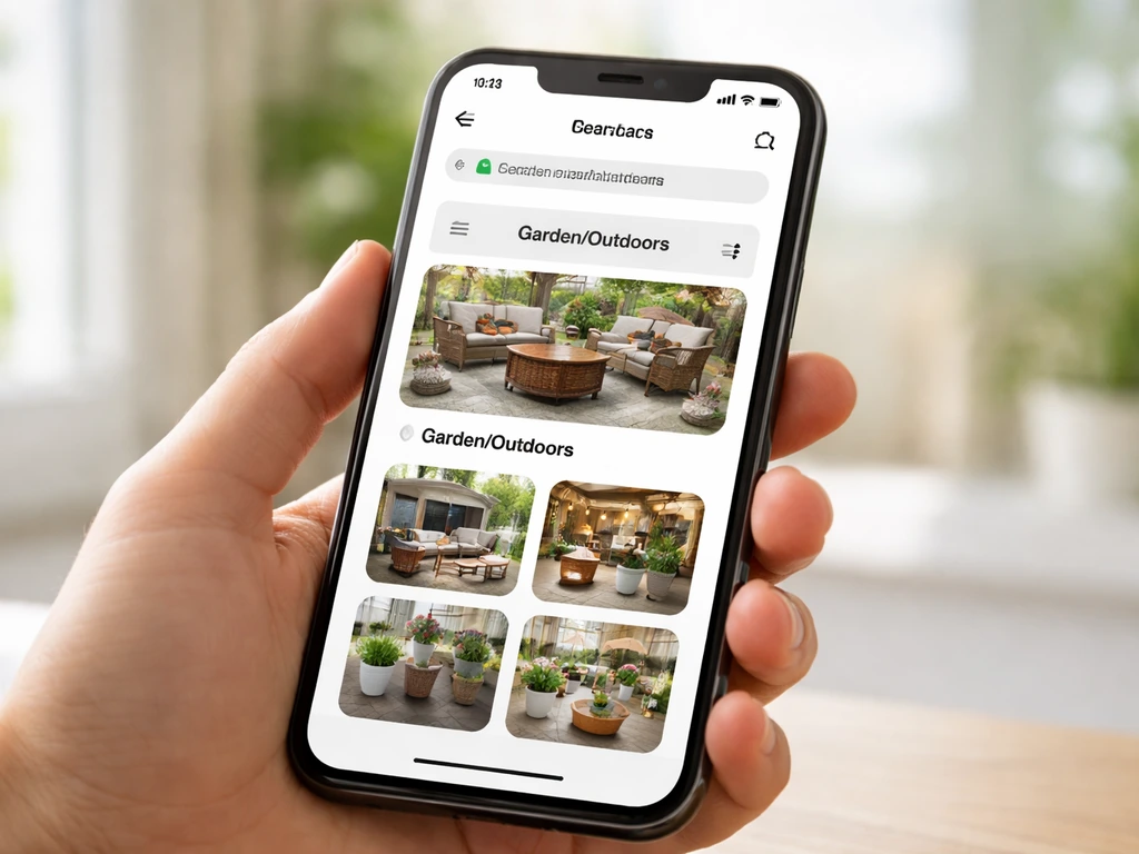 Close-up of a smartphone showing an online shopping app screen with patio and outdoor deals categories.
