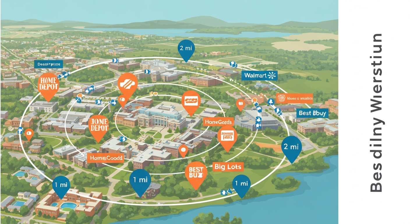 Illustrated map showing a university campus with nearby store pins for Home Depot, Walmart, HomeGoods, Costco, Big Lots, and Best Buy and walking/driving radius rings.