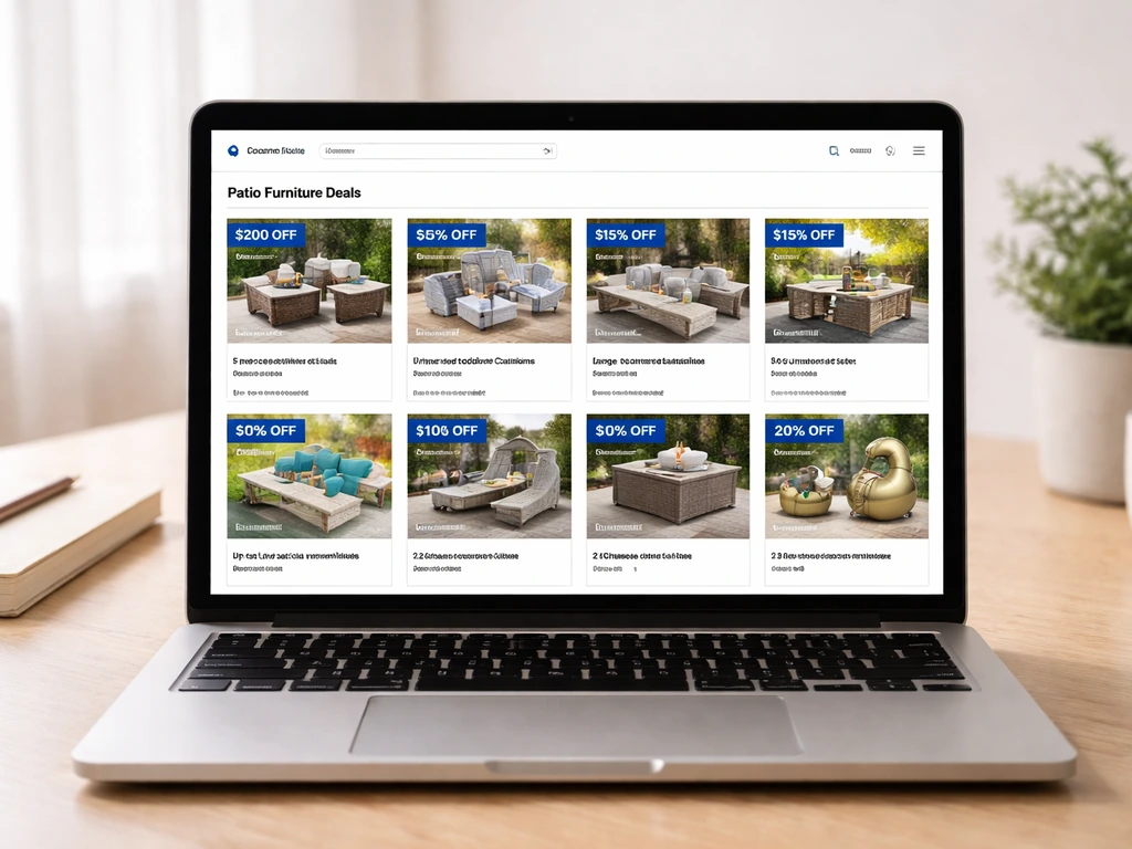 Mock screenshot of a store coupons page filtered to patio furniture offers, shown on a laptop