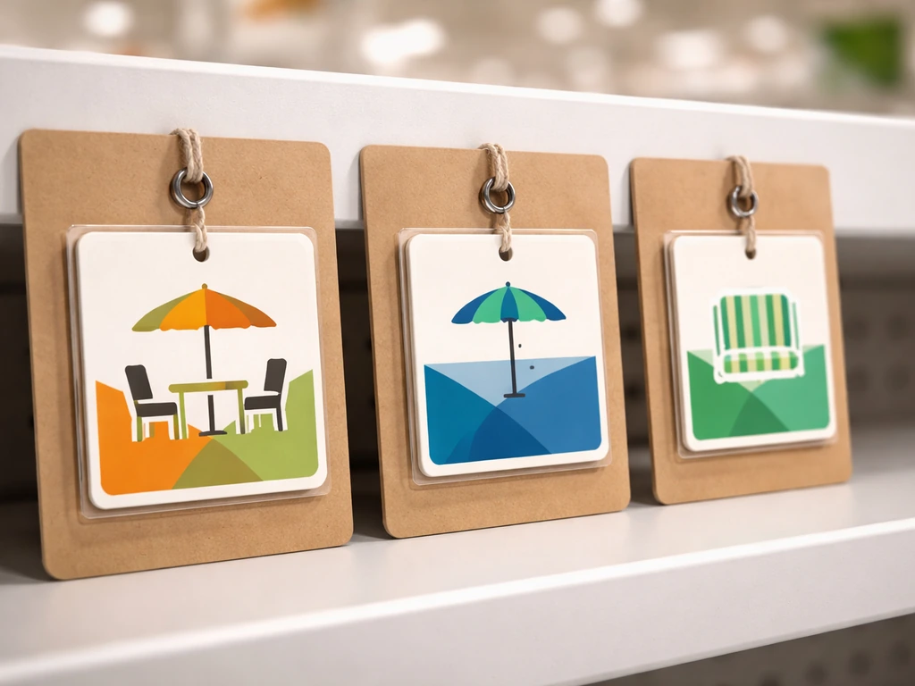 Close-up of labeled product tags showing different patio accessory categories on a store shelf