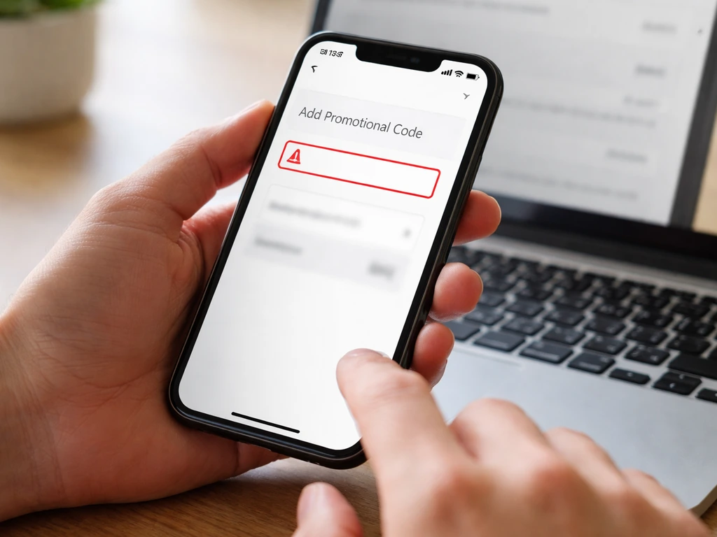 Hands typing a promo code into a cart checkout field, with an expired/error state on screen